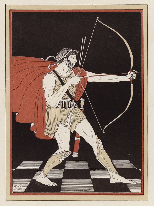 Ulises tensando su arco (litografia en color) de Armand Joseph Bonamy