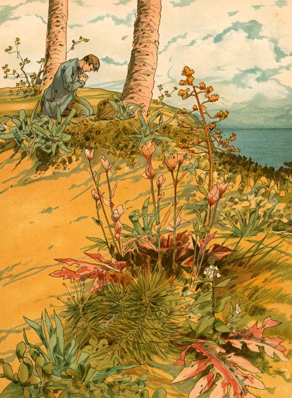 Robinson Crusoe rezando en su 
