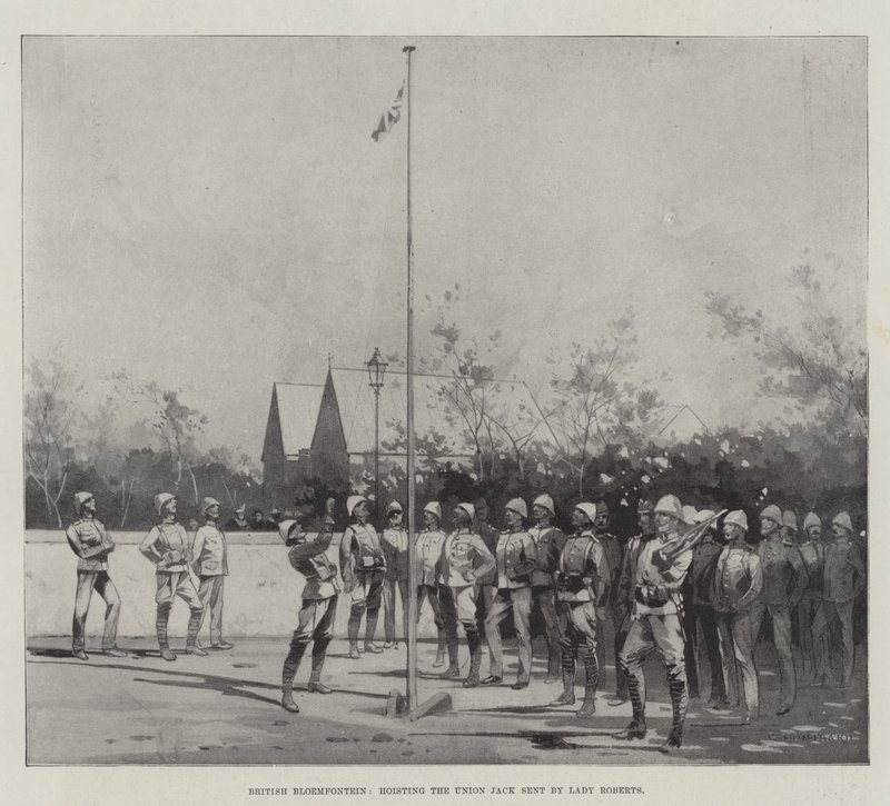 Bloemfontein británico, izando la Union Jack enviada por Lady Roberts de Charles Auguste Loye
