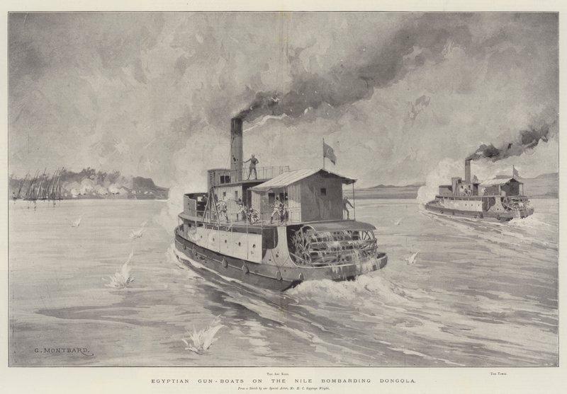 Cañoneras egipcias en el Nilo bombardeando Dongola de Charles Auguste Loye