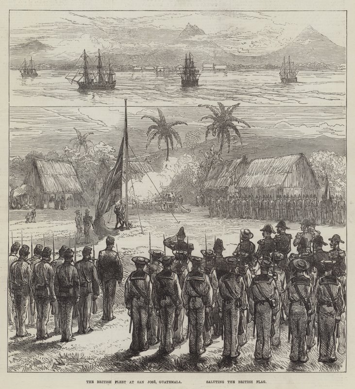 La flota británica en San José, Guatemala, saludando la bandera británica de Sir John Charles Robinson