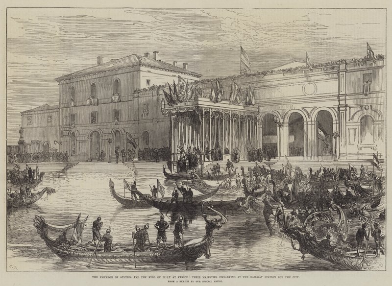 El Emperador de Austria y el Rey de Italia en Venecia, Sus Majestades embarcando en la estación de tren hacia la ciudad de Sir John Charles Robinson