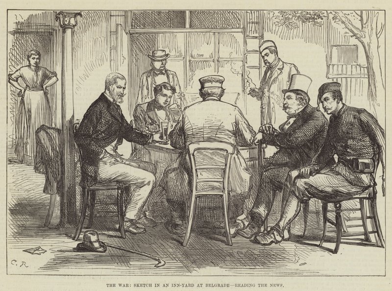 La guerra, boceto en un patio de posada en Belgrado, leyendo las noticias de Sir John Charles Robinson
