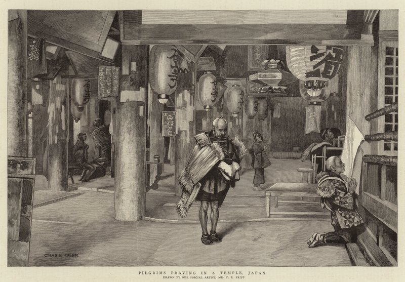 Peregrinos rezando en un templo, Japón de Charles Edwin Fripp