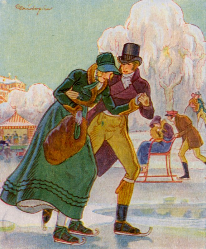 Patinaje sobre hielo / Patinaje (litografía en color) de Christophe (1856 1945)
