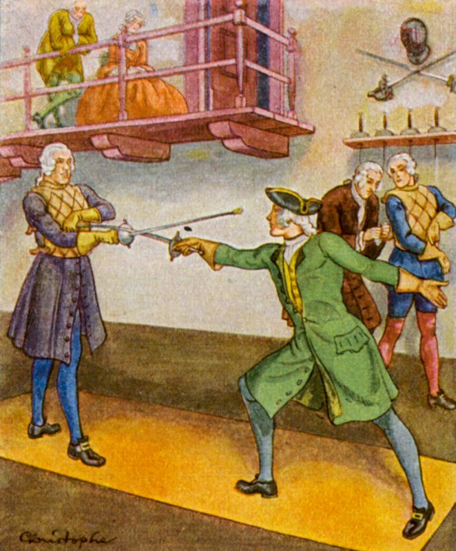 Fechtschule / Escuela de esgrima (litografía en color) de Christophe (1856 1945)