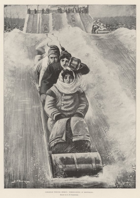 Deportes de invierno canadienses, tobogán en Montreal de Clarence F. Underwood