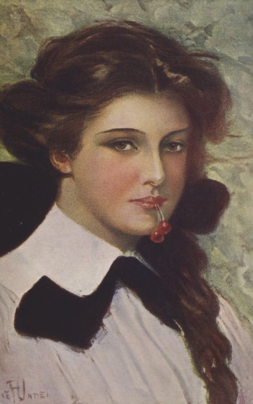 Chica con cerezas en la boca de Clarence F. Underwood