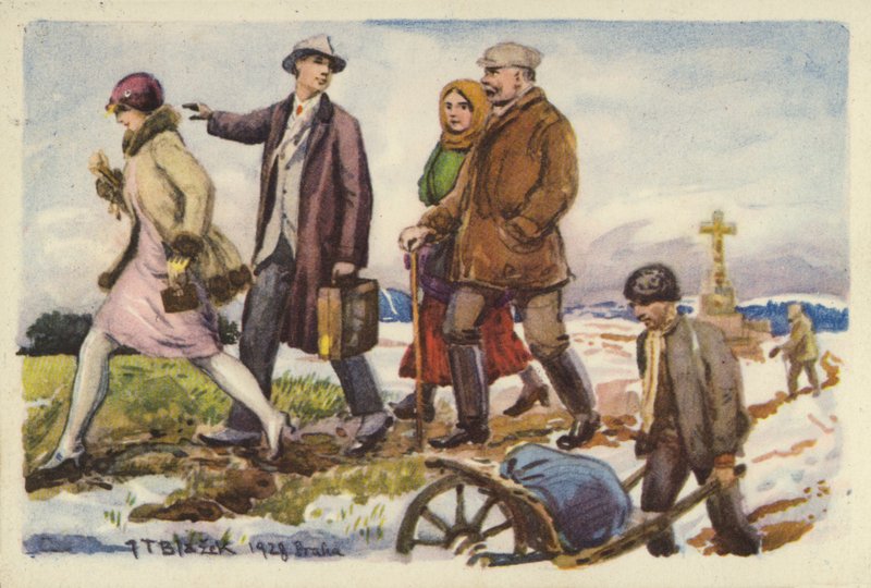 Personas caminando en un paisaje nevado de Czech School