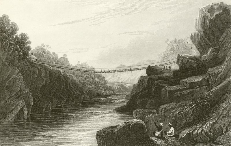 Puente de cuerda de hierba en Teree, Gurwall de David Cox