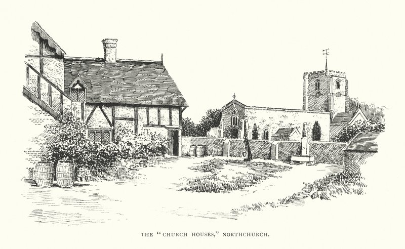 Las "Casas de la Iglesia", Northchurch (litografía) de Duncan Moul