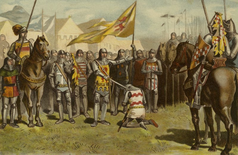 Un soldado siendo armado caballero, siglo XIV de Dutch School
