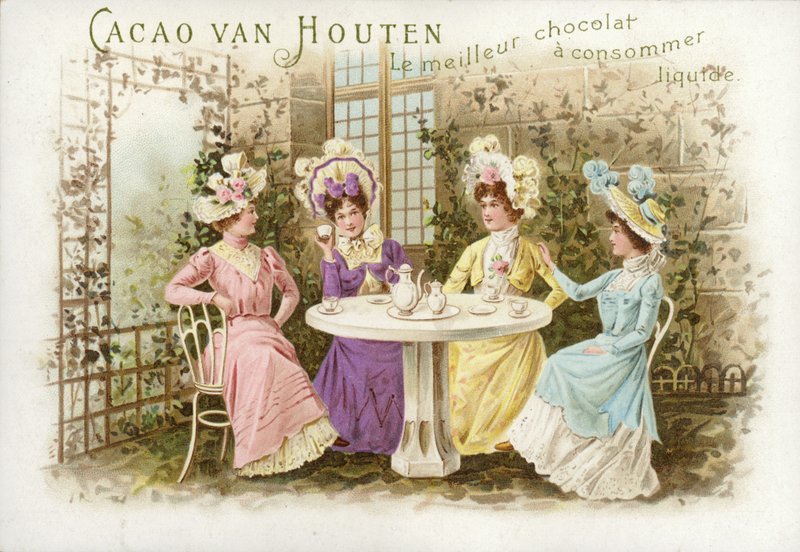 Mujeres en jardín, bebiendo chocolate de Dutch School