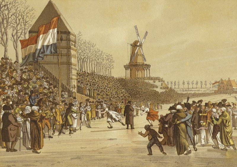 Carreras de patinaje sobre hielo de mujeres, Leeuwarden, Países Bajos, 1805 de Dutch School