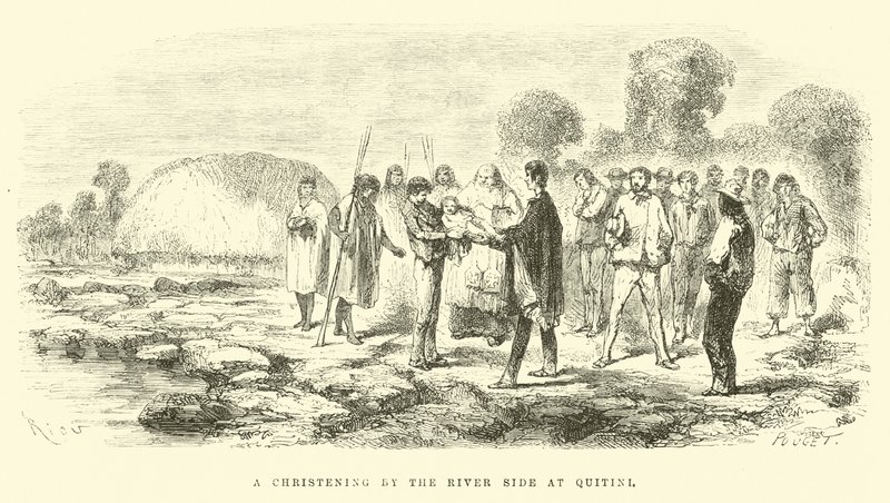 Un bautizo junto al río en Quitini de Edouard Riou
