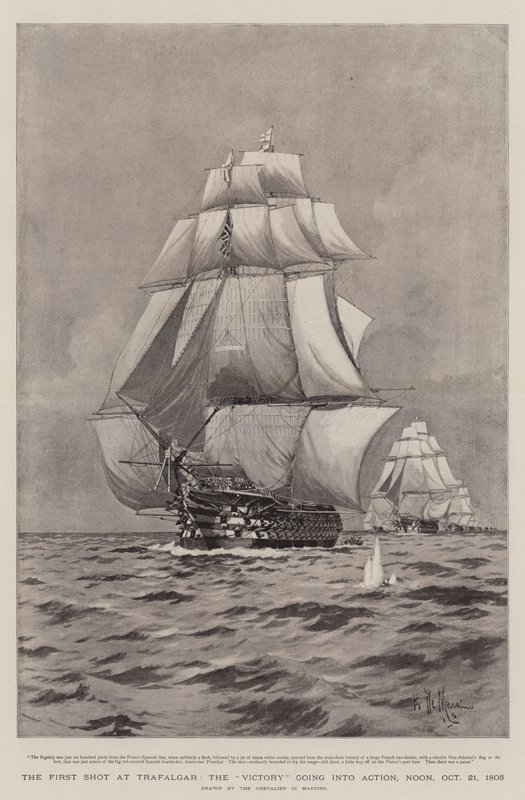 El primer disparo en Trafalgar, el Victory entrando en acción, mediodía, 21 de octubre de 1805 de Eduardo de Martino