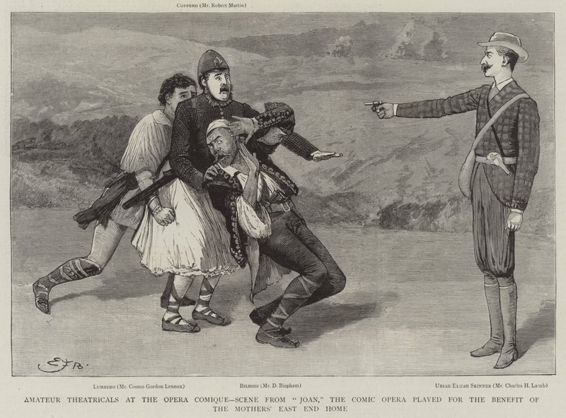 Teatrales de aficionados en la Ópera Cómica, escena de Joan, la ópera cómica interpretada para el beneficio del Hogar de Madres del East End de Edward Frederick Brewtnall