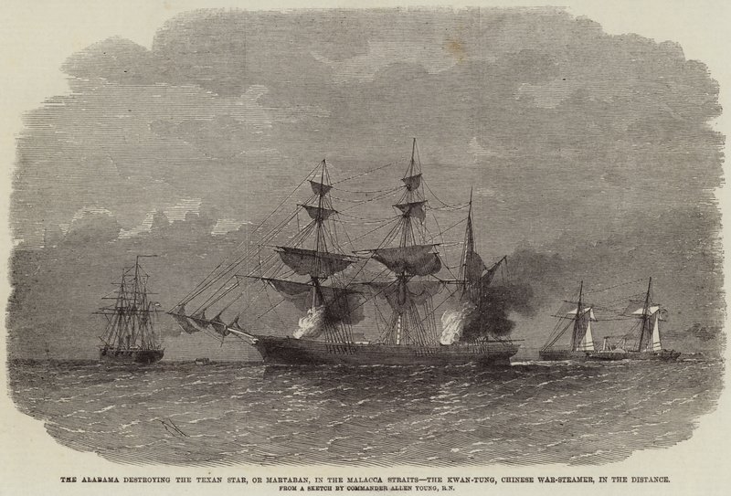 El Alabama destruyendo el Texan Star, o Martaban, en el Estrecho de Malaca, el Kwan-Tung, Vapor de Guerra Chino, en la Distancia de Edwin Weedon