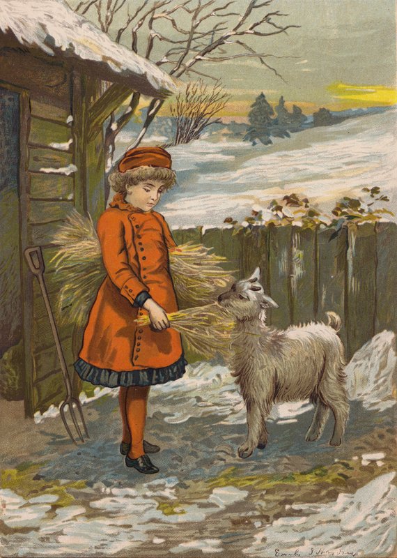 Niña dando de comer a una cabra (cromolito) de Emily Jane Harding Andrews