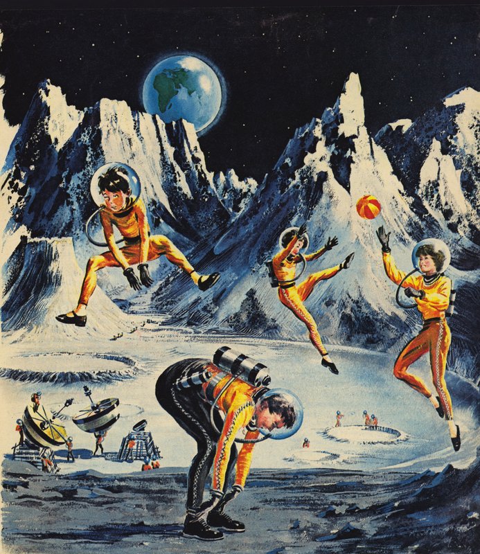 Familia jugando en la luna, como se imaginaba en los años 1960 de English School