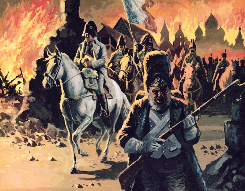 Napoleón cabalgando por Moscú en llamas de English School
