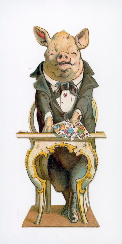 Cerdo sosteniendo cartas de juego de English School