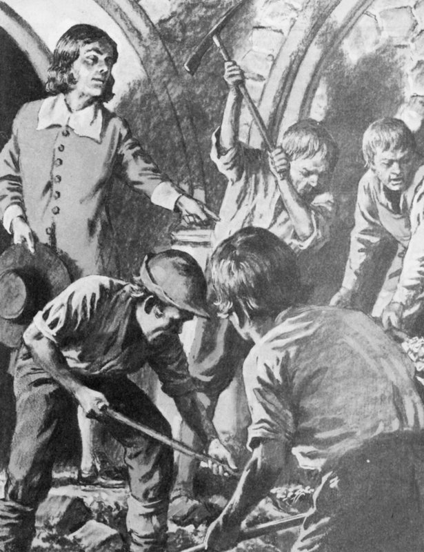 Samuel Pepys intentando encontrar el tesoro de John Barkstead en la Torre de Londres de English School