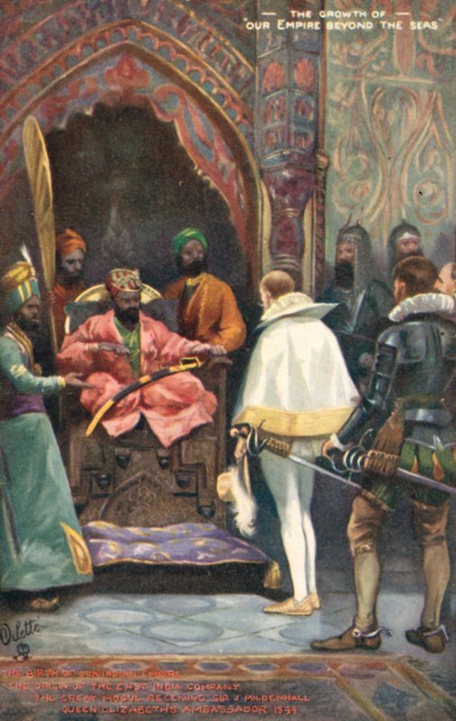 El origen de la Compañía de las Indias Orientales, el Gran Mogol recibiendo a Sir J Mildenhall, Embajador de la Reina Isabel, 1599 de English School