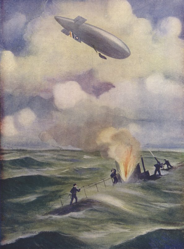 Un dirigible naval británico bombardeando un submarino de English School