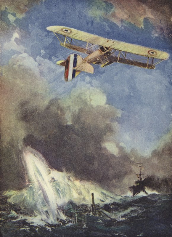 Un hidroavión bombardeando un submarino de English School