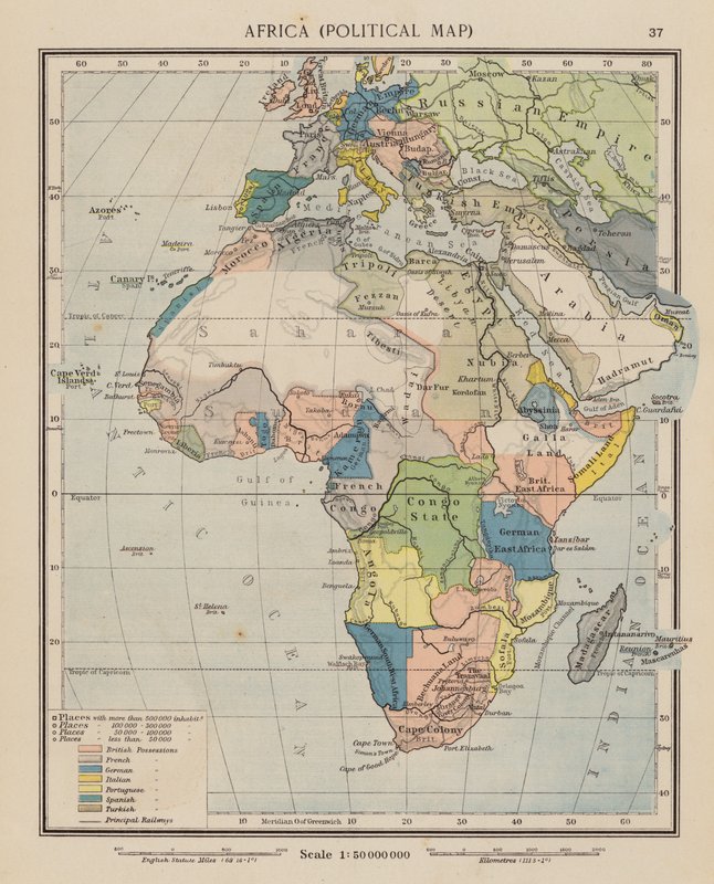 África, Mapa político (litografía en color) de English School