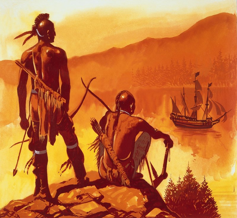 Indios americanos mirando el barco de los invasores de English School