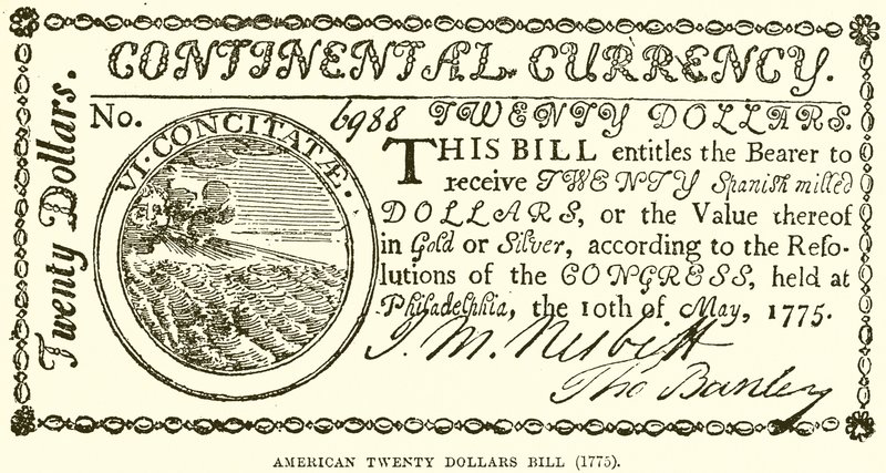 Billete americano de veinte dólares (1775) de English School