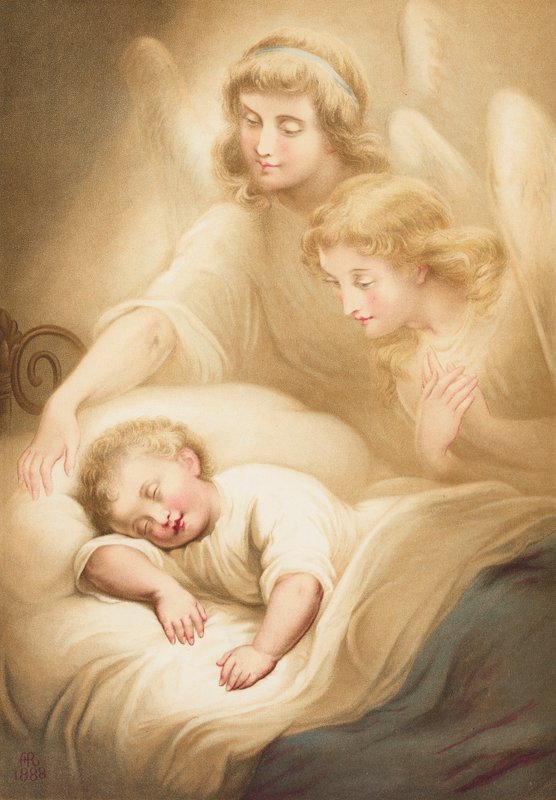 Ángeles vigilando a una niña dormida (chromolitho) de English School