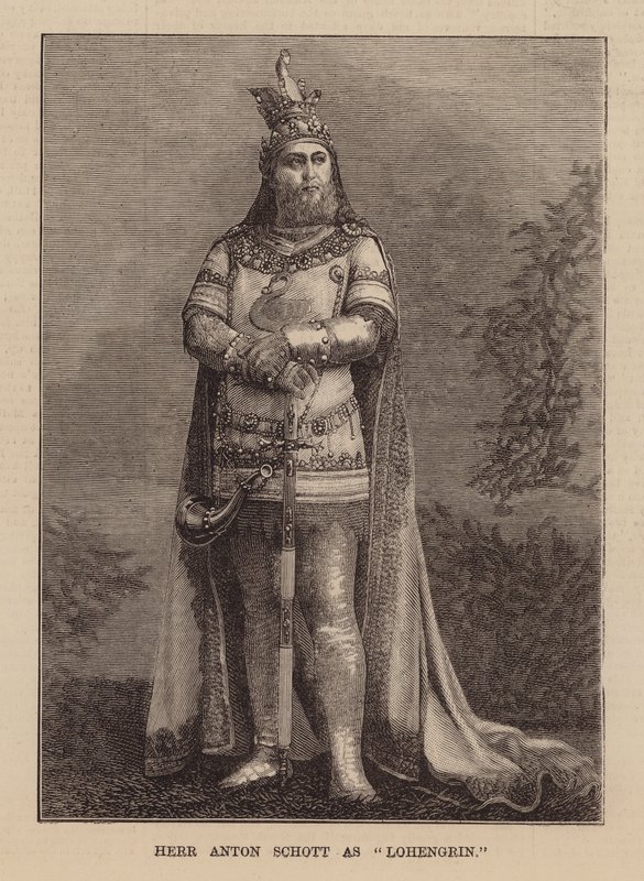 Anton Schott como Lohengrin (grabado) de English School