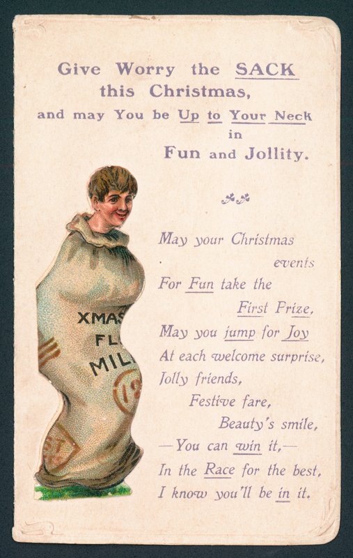 Niño de pie en un saco, tarjeta de Navidad de English School