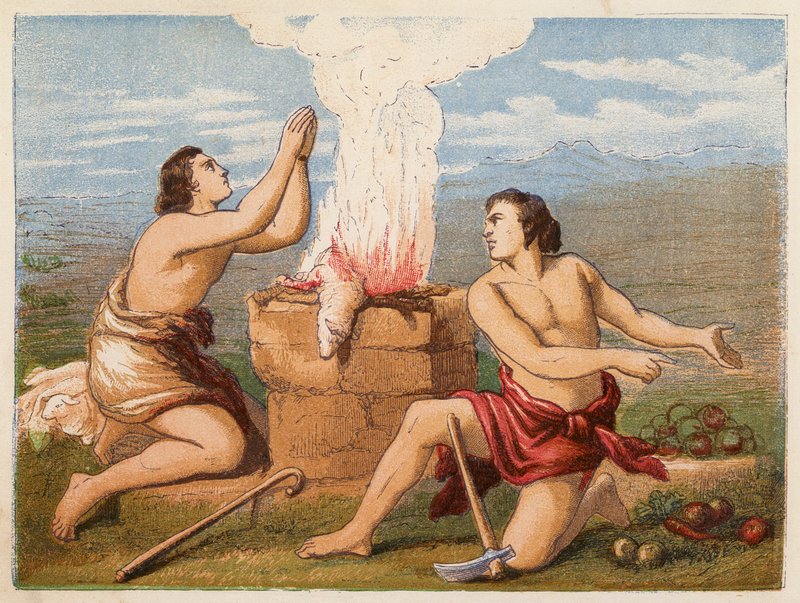 Sacrificio de Caín y Abel (litografía en color) de English School