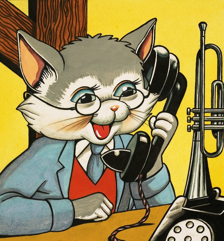 Gato contestando el teléfono de English School