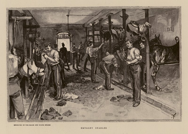 Cuadras de caballería, Aldershot (grabado) de English School
