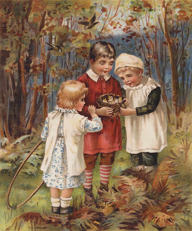 Niños encontrando un nido de pájaros (cromolito) de English School