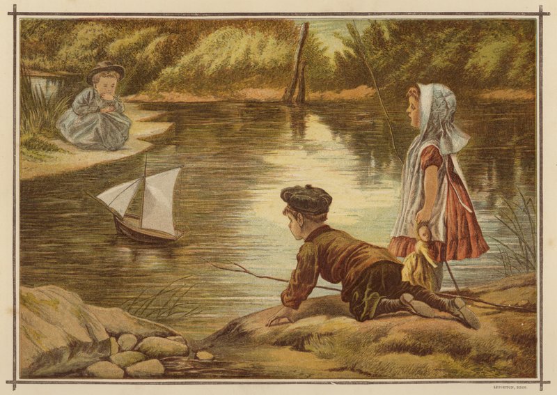 Niños botando un yate a escala (litografia en color) de English School
