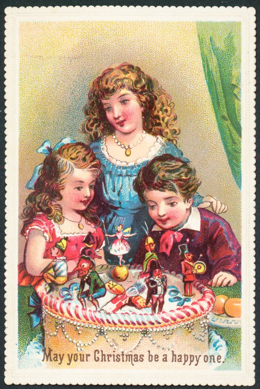 Niños mirando pastel de Navidad, tarjeta de Navidad de English School