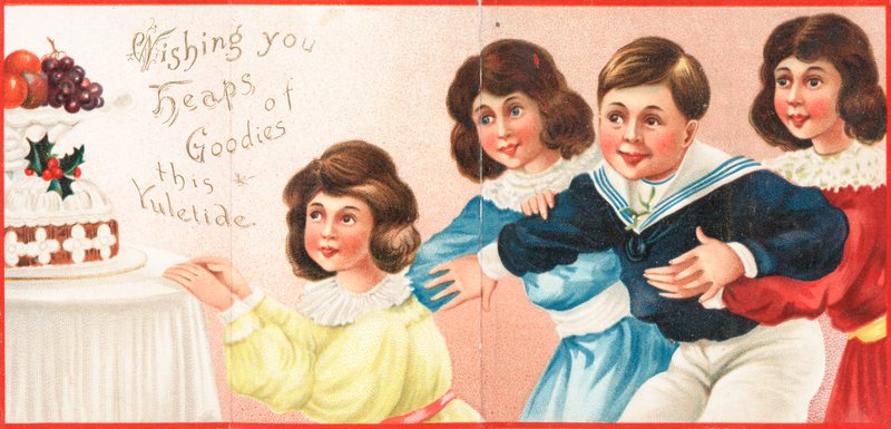 Niños mirando la comida de Navidad, tarjeta de Navidad de English School