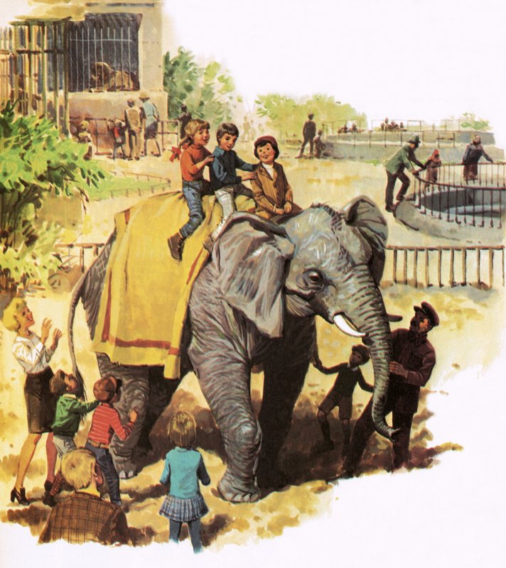 Niños montando a Jumbo en el Zoológico de Londres de English School