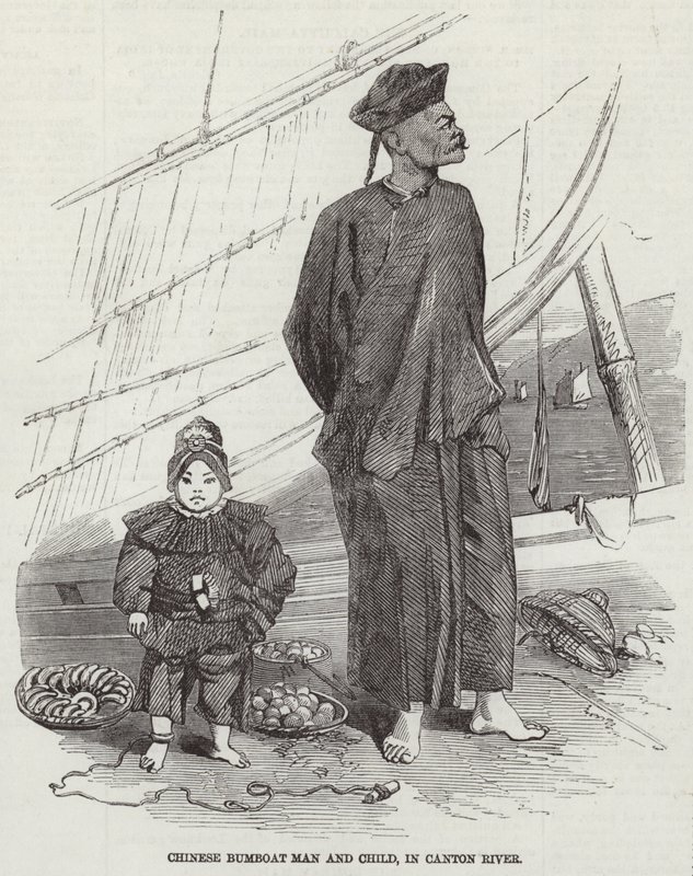 Hombre y niño en bote de provisiones chino de English School