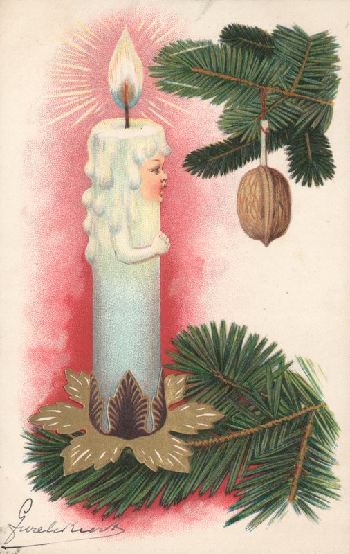 Tarjeta de Navidad con una vela de árbol de Navidad de English School