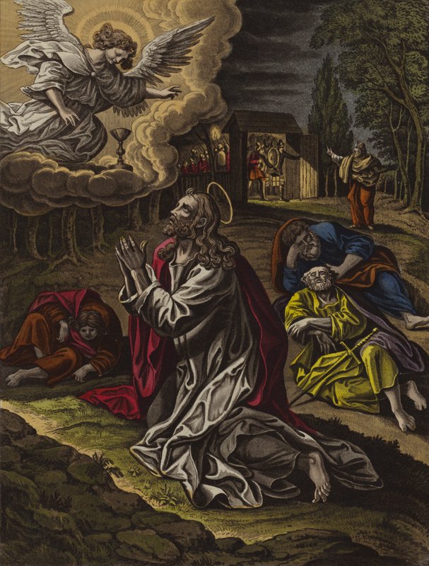 La agonía de Cristo en el jardín (litografía en color) de English School
