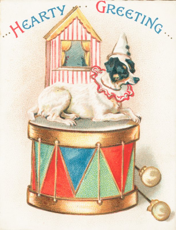 Perro payaso sobre tambor de juguete de English School