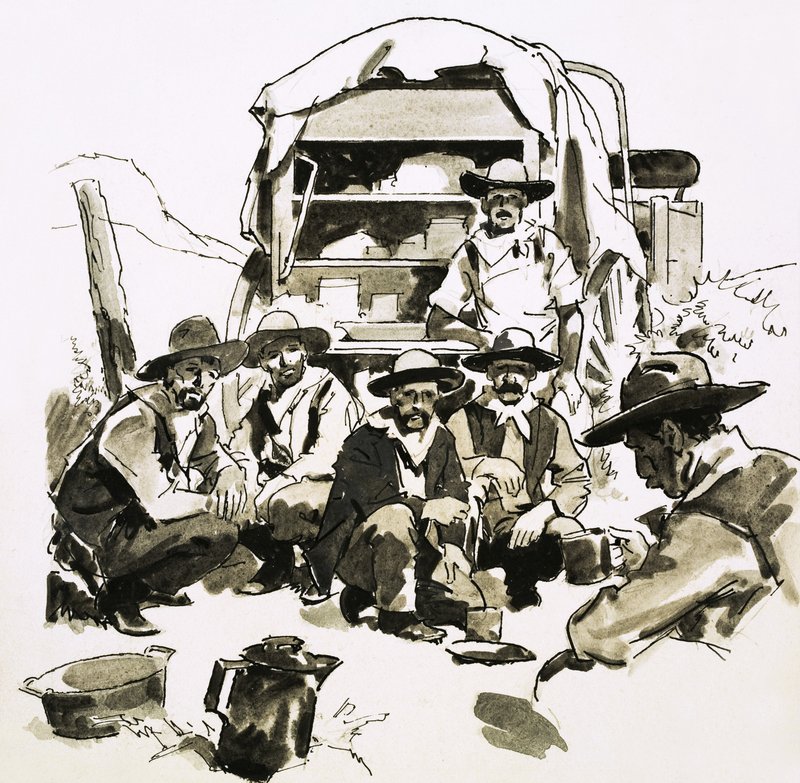 Vaqueros reunidos alrededor de un carro de cocina de English School