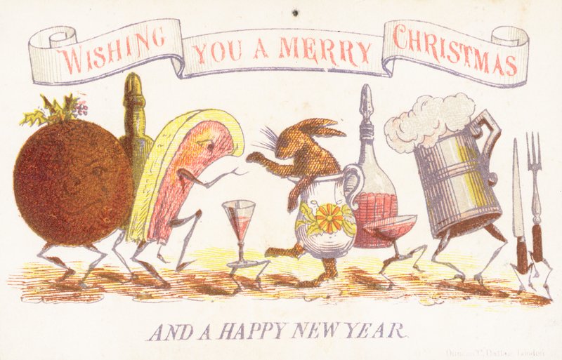 Comida, cubiertos y vajilla bailando, Tarjeta de Navidad de English School